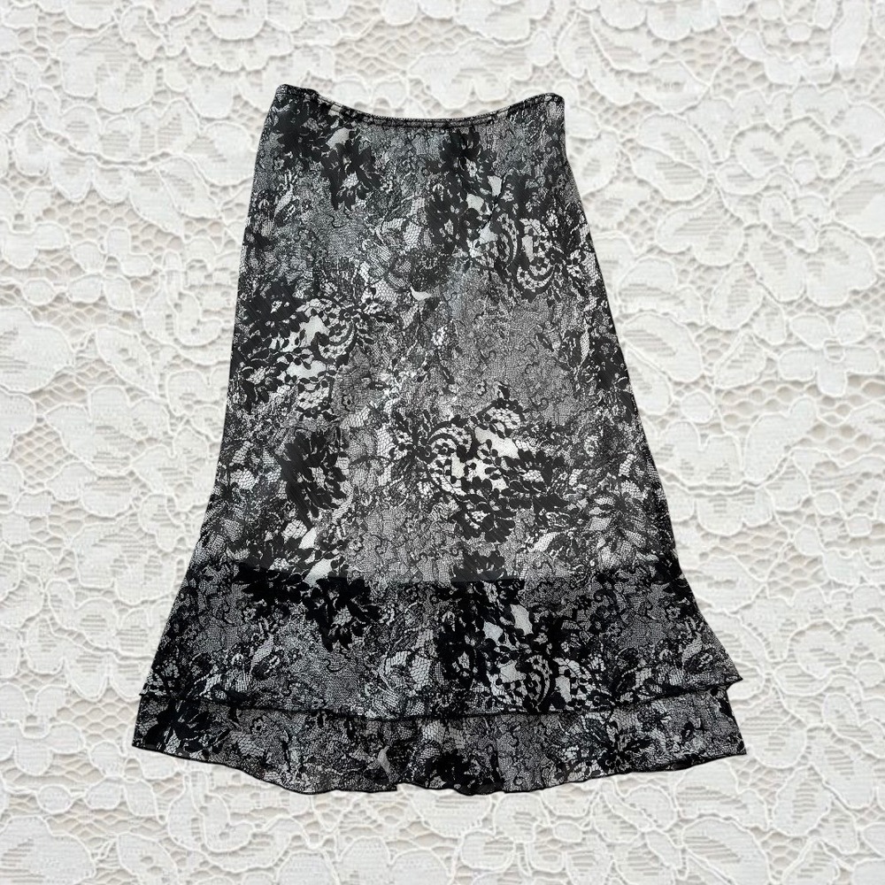 vintage black & white lace patterned ruffle midi‎ skirt